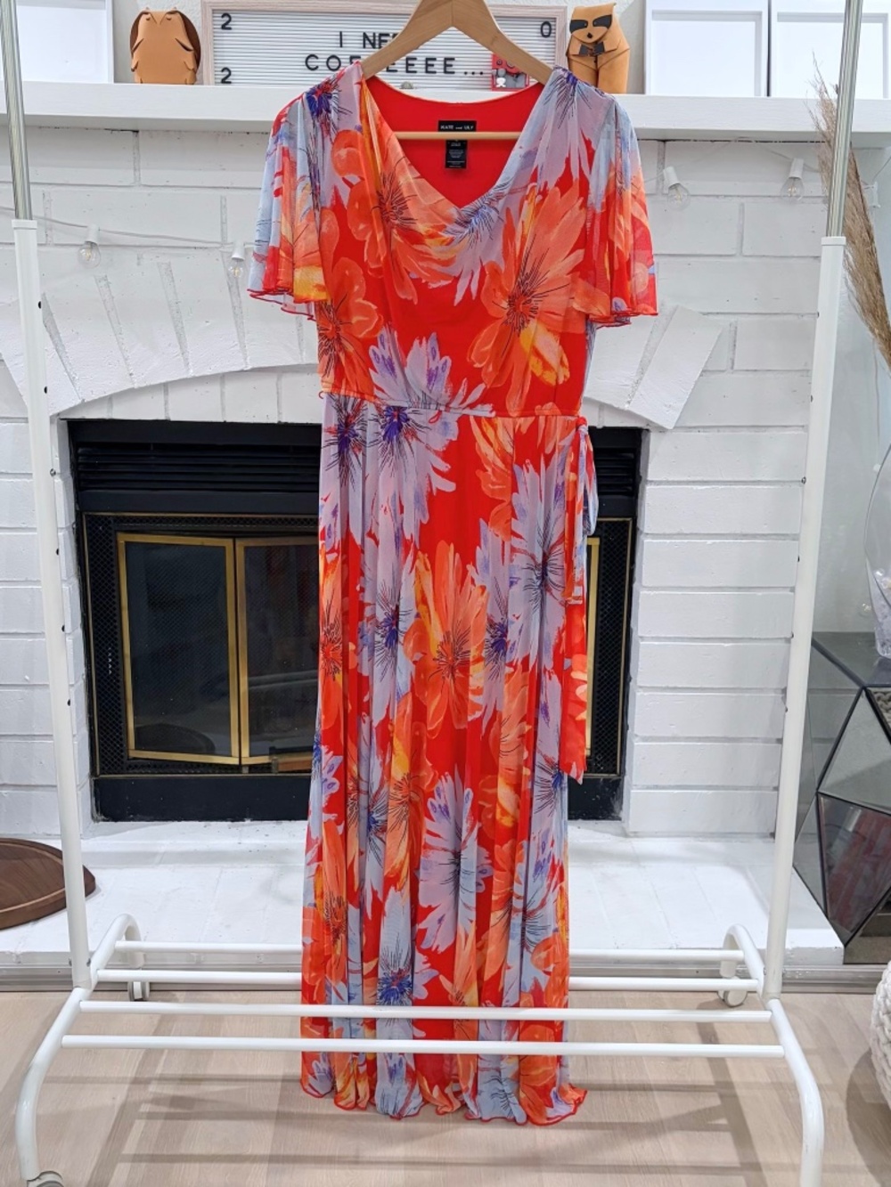 Kate and Lily Cowl Neck Floral Red Blue Floral Dress W/ Bow Accent